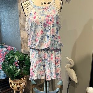 Lilly Pulitzer Lala Crew Blue Tint Sea To Shining Sea Jersey Romper XLarge